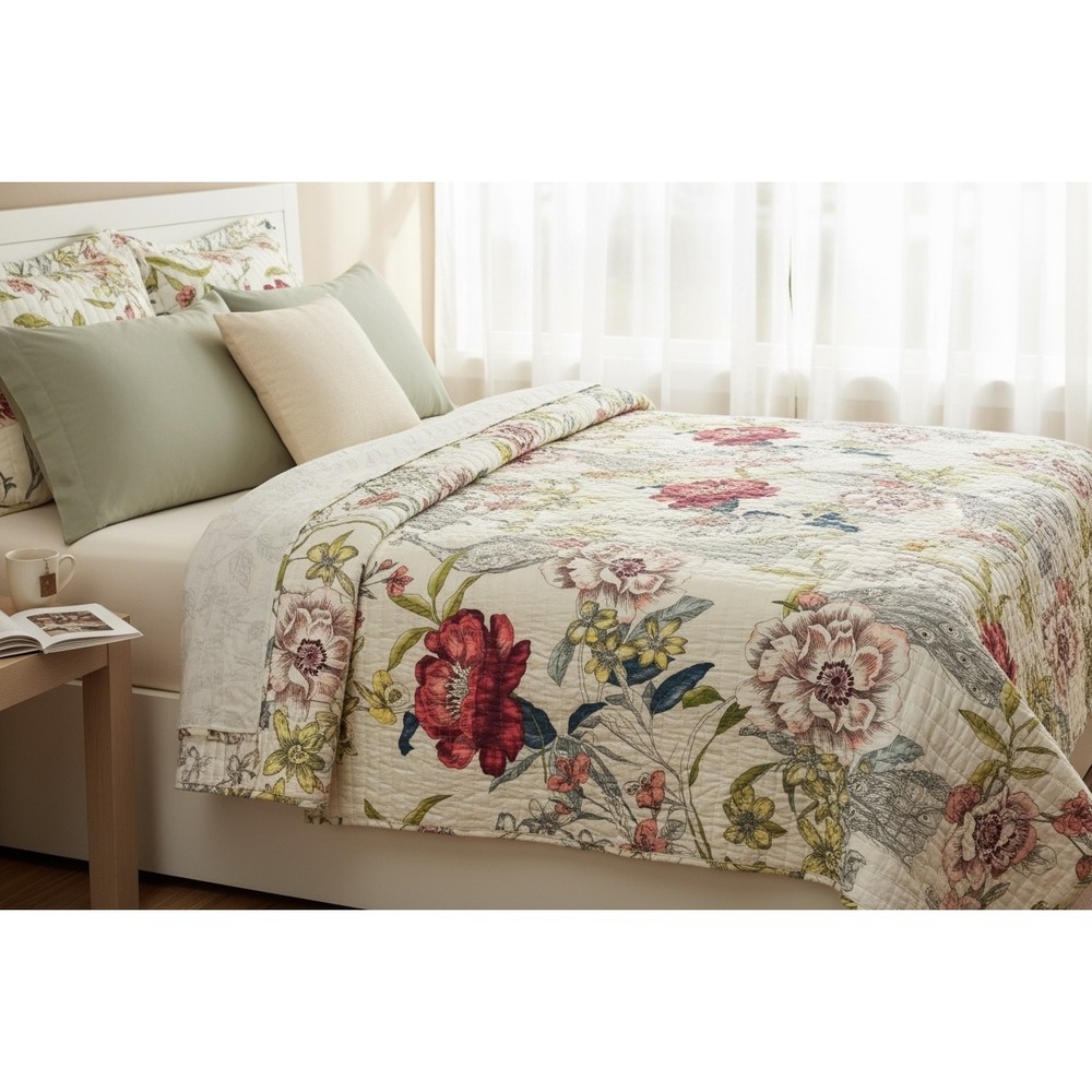 Floral Peacock Reversible Quilt Botanical Garden Cream Red Full Queen Bedding